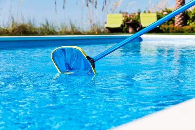 pool skimmer net removing a few leaves from clean blue water